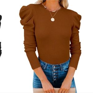 Yissang Women's Knitted Puff Sleeve Crew Neck Pullover Rusty Brown Sweater Small